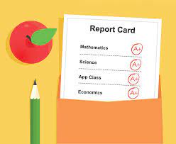  pic of red apple, pencil and report card